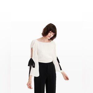 Club Monaco Long Sleeve Cream Blouse with Flare Sleeve and Black Tie / Bow